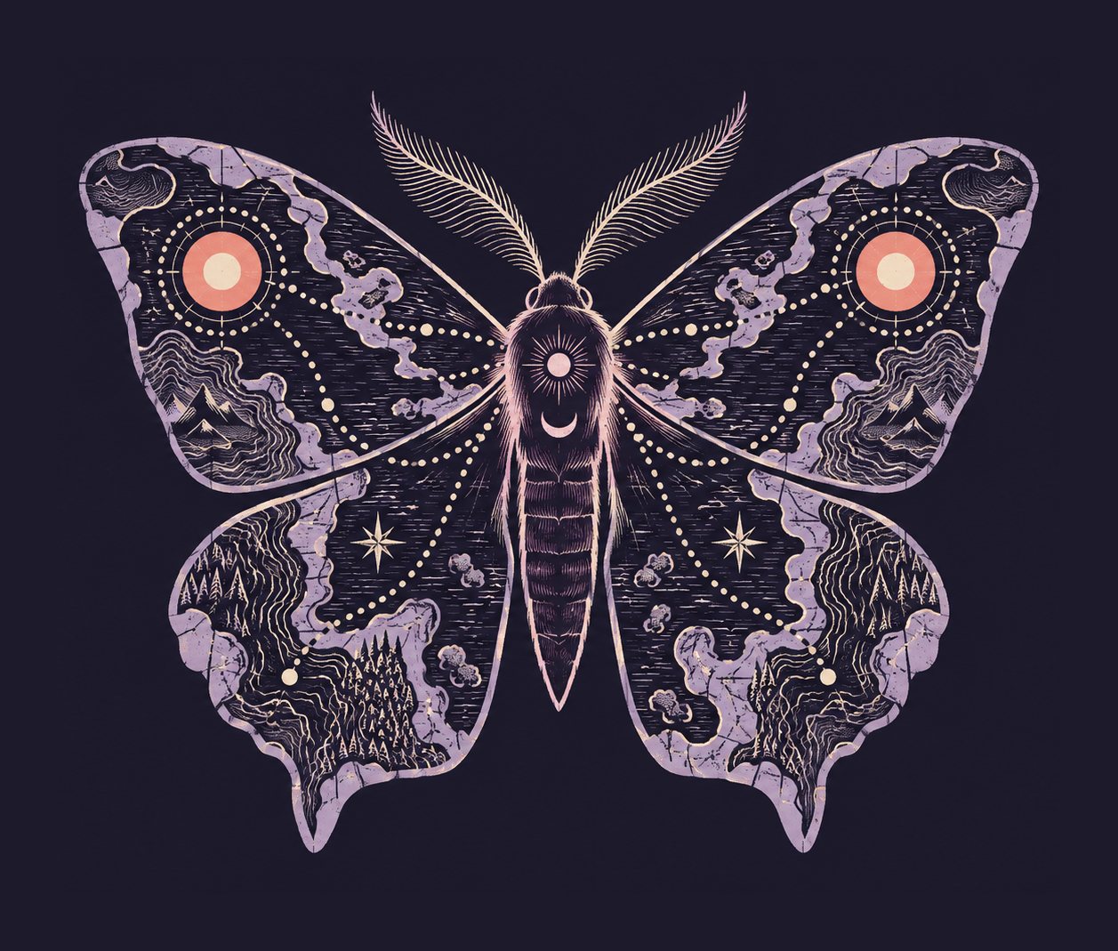 An illustrated moth with wings drawn as a map: mountains, forests, and dotted star routes, with two glowing coral eyespots.